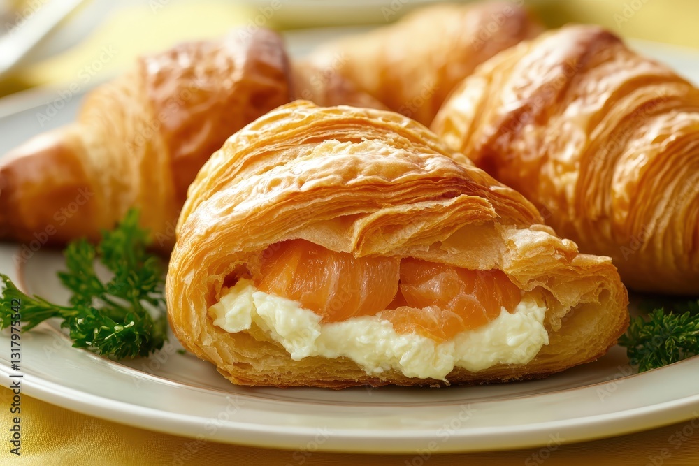 A croissant filled with cream cheese and salmon slices