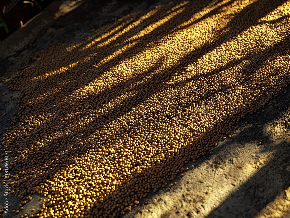 Obraz premium Golden beans drying in sunlight casting shadow patterns, warm tones