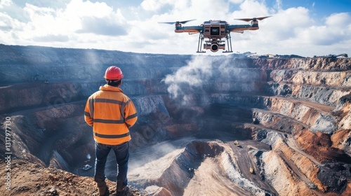 Drone Inspecting Massive Open Pit Mine Controlled by Site Engineer on Sunny Day