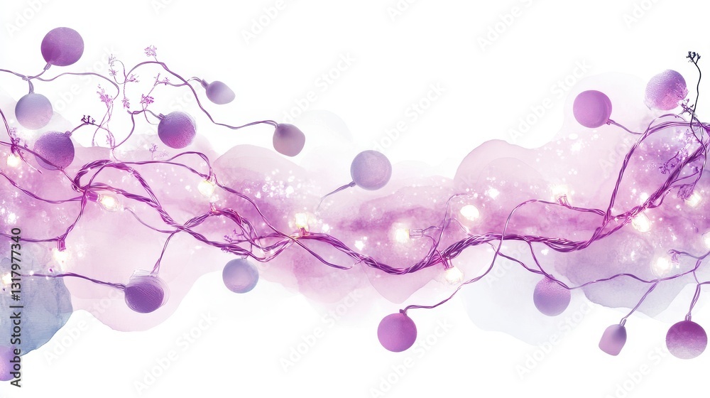 Lilac and White Watercolor Background with Purple Fairy Lights and Pom Poms