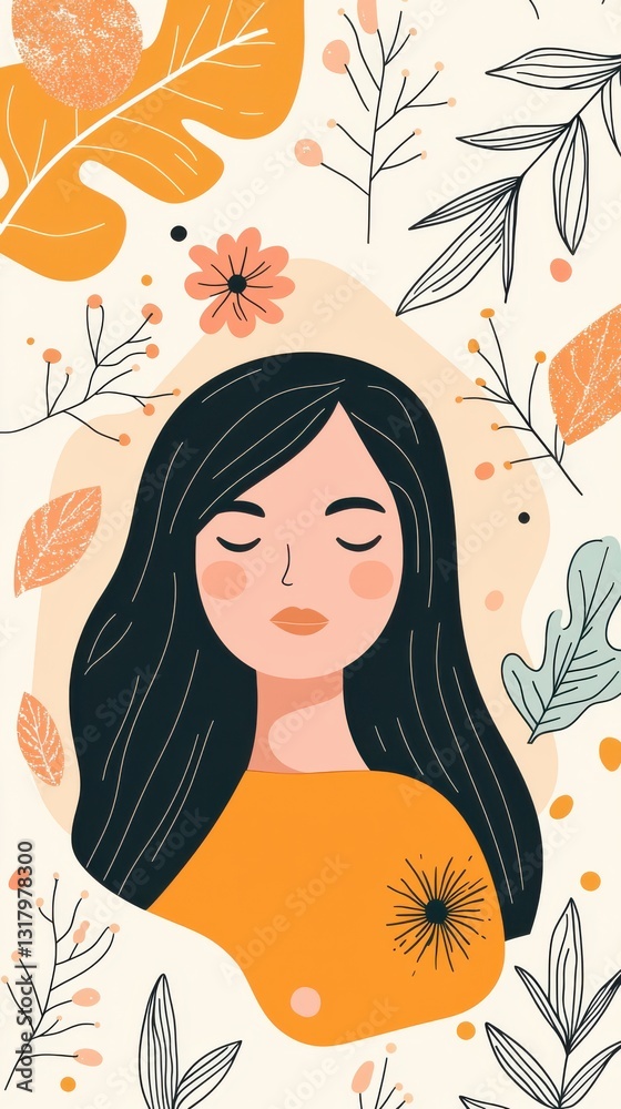 Minimalist illustration of a woman in an orange garment surrounded by flowers and leaves Minimalist illustration of a woman in an orange garment surrounded by flowers and leaves
