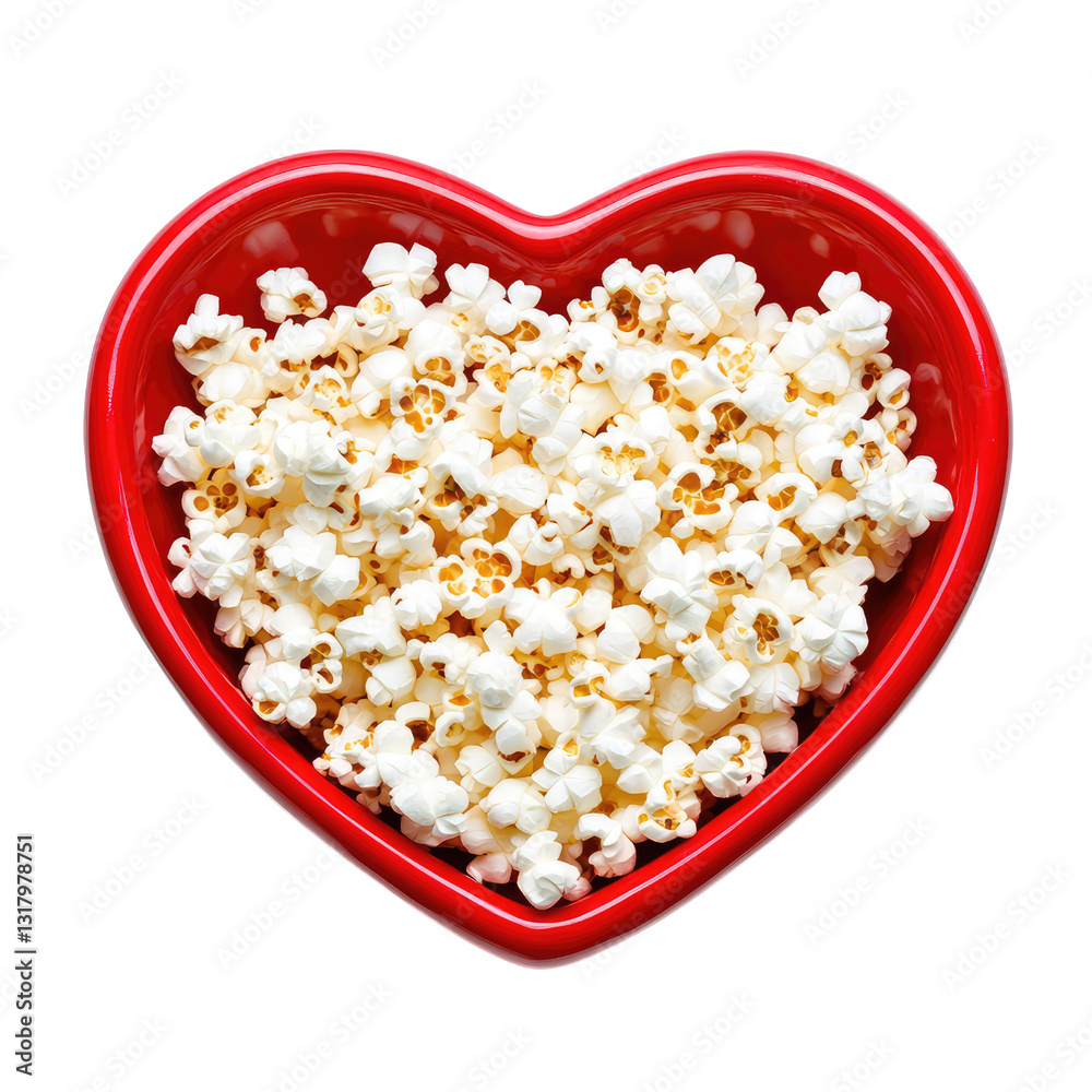 Heart-Shaped Bowl Filled with Freshly Popped Popcorn on a White Background, Perfect for Cozy Movie Nights and Snack Lovers Heart-Shaped Bowl Filled with Freshly Popped Popcorn on a White Background, Perfect for Cozy Movie Nights and Snack Lovers