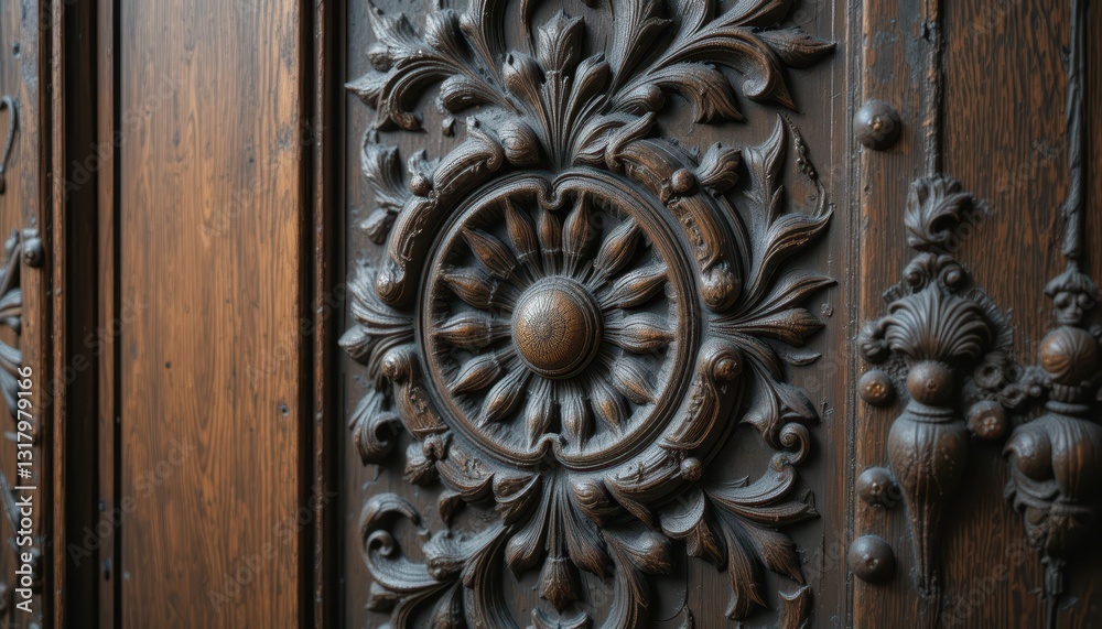 Intricate Wooden Door Carving with Floral and Geometric Patterns Intricate Wooden Door Carving with Floral and Geometric Patterns