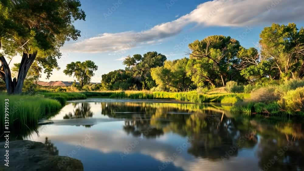 Serene River Reflection Lush Green Trees, Clear Blue Sky, and Scattered Clouds Create Peaceful Natural Landscape with Sunlight Filtering Through Foliage, Enhancing Tranquil Atmosphere of Natures