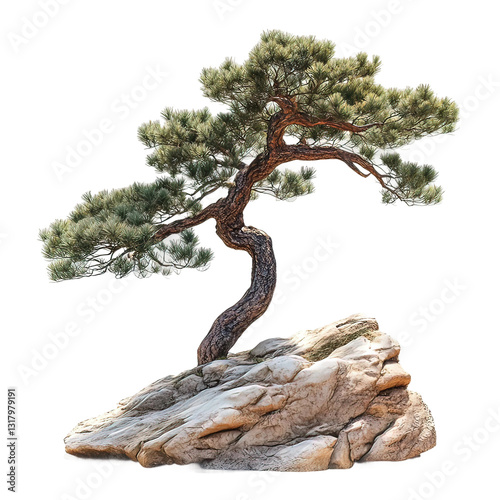Tall tree is growing on a rocky hill on transparent background