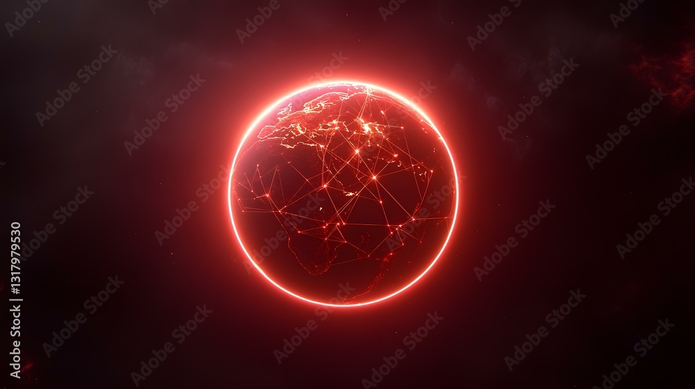 A glowing red orb depicting Earth, overlaid with a network of interconnected lines, sits against a dark, starry backdrop. A glowing red orb depicting Earth, overlaid with a network of interconnected lines, sits against a dark, starry backdrop.