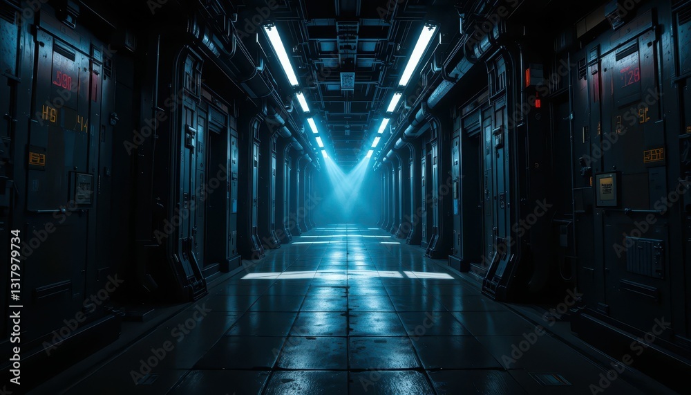 Dark Sci-Fi Corridor with Futuristic Lighting and Shadow Effects Dark Sci-Fi Corridor with Futuristic Lighting and Shadow Effects