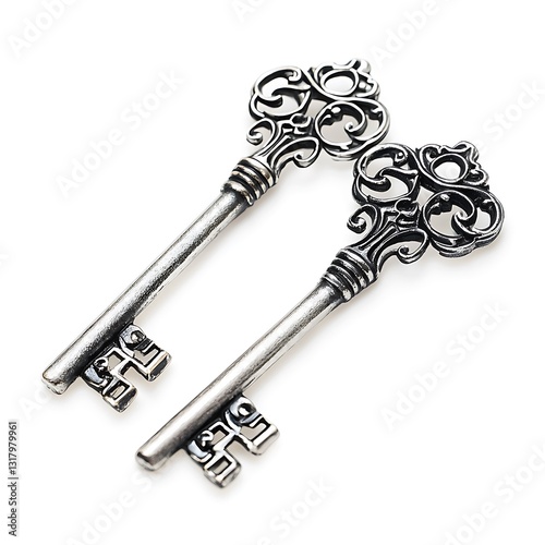 Silver keys, each with an intricate design and polished surface The keys are isolated on white background
