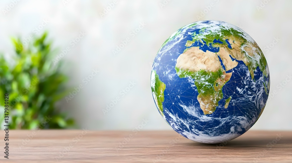 A detailed globe rests on a light brown wooden surface, with a blurred green plant in the background. A detailed globe rests on a light brown wooden surface, with a blurred green plant in the background.