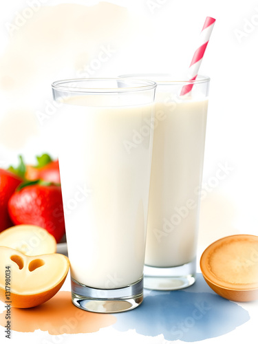 Two glasses of milk, watercolor style. Ideal for dairy, health, or breakfast themes.