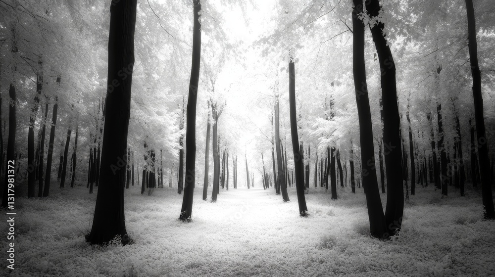 Fototapeta premium A grayscale forest path. Sunlight filters through the trees, creating a mysterious atmosphere