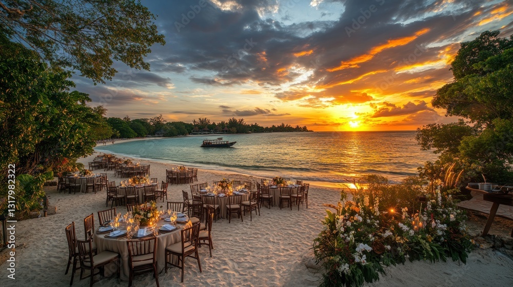 Fototapeta premium Beachfront sunset wedding reception dinner tables