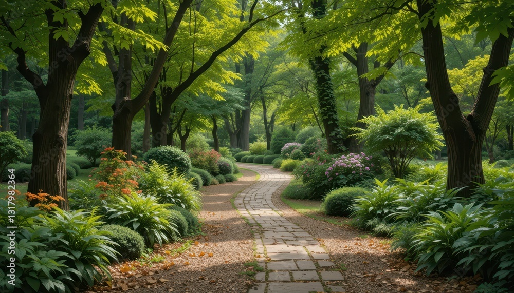 Scenic Pathway Through Lush Green Forest in a Bright Daylight Scenic Pathway Through Lush Green Forest in a Bright Daylight