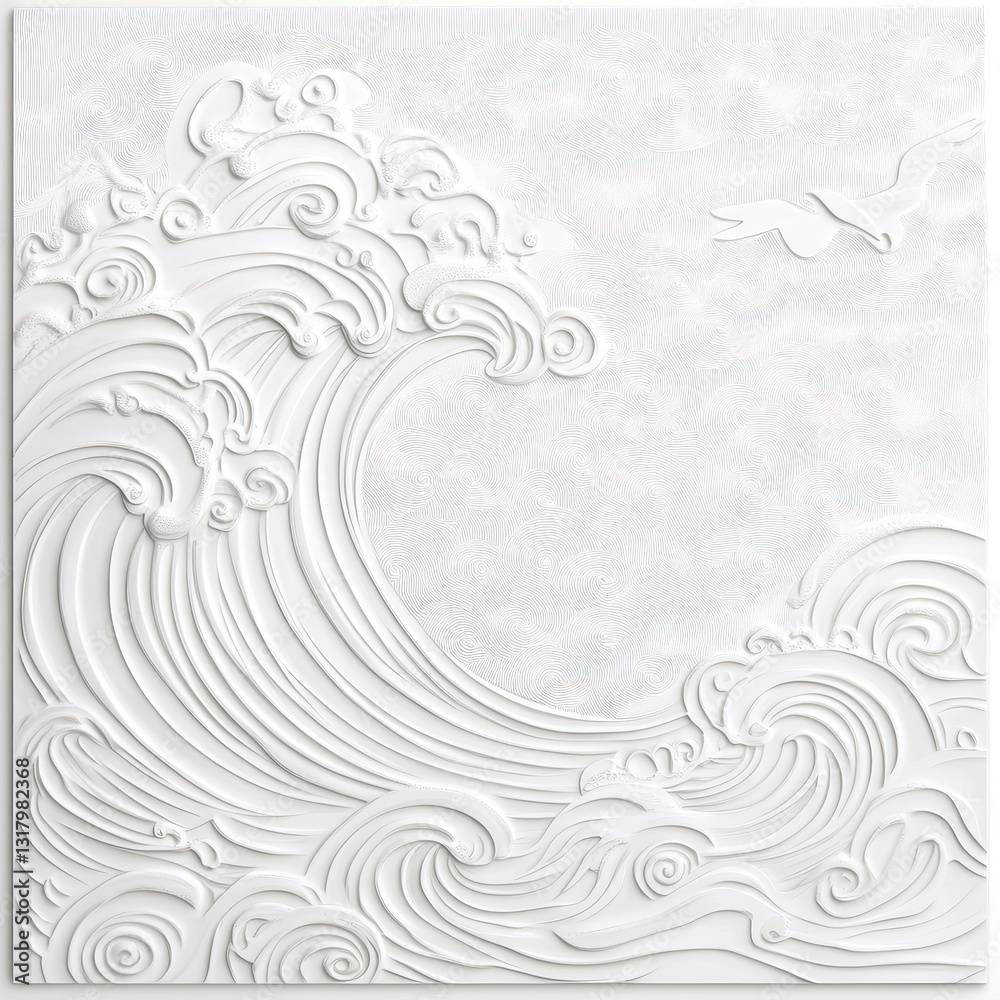 White Embossed Wave Abstract Art Minimalist Textured Design