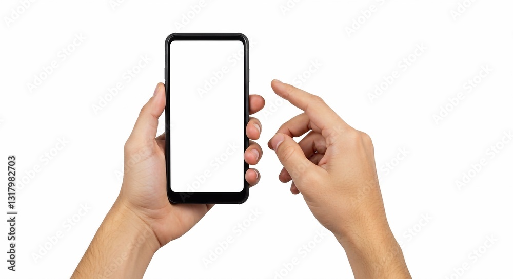 Hand holding a smartphone isolated on white background. Transparent mobile screen mockup.
Hand holding a smartphone isolated on white background. Transparent mobile screen mockup.