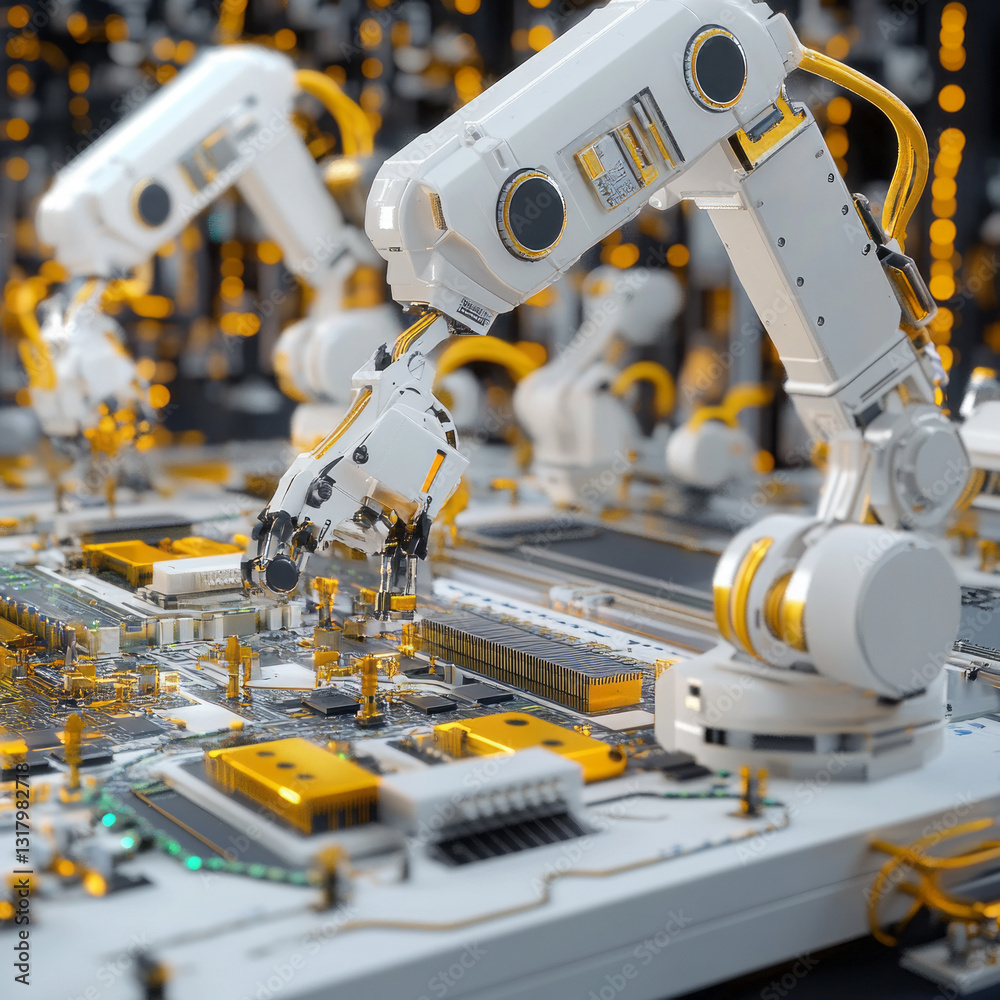 High-Tech Robotic Arms Assembling Circuit Board in Advanced Industrial Facility