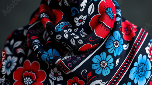 closeup red blue floral design black white clothes border freedom coherent symmetry head scarf background chaotic flowers happy shawl product avatar western