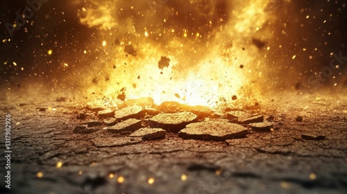 Explosive debris eruption cracked ground high-resolution image dramatic environment close-up viewpoint natural disaster concept