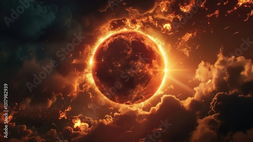 Eclipsed majesty illuminating the sky during totality phase amidst swirling clouds