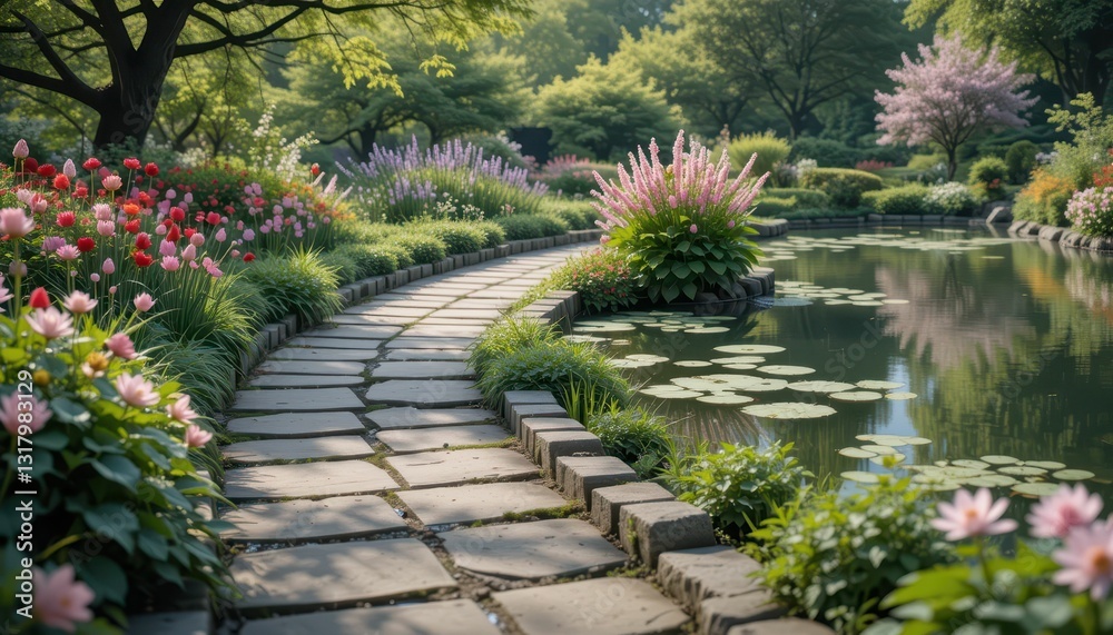 Serene Garden Pathway Surrounded by Colorful Flowers and Water Serene Garden Pathway Surrounded by Colorful Flowers and Water