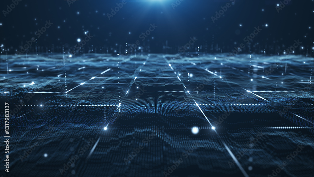 Fototapeta premium Abstract digital data landscape with glowing particles and dynamic lines on a dark background.