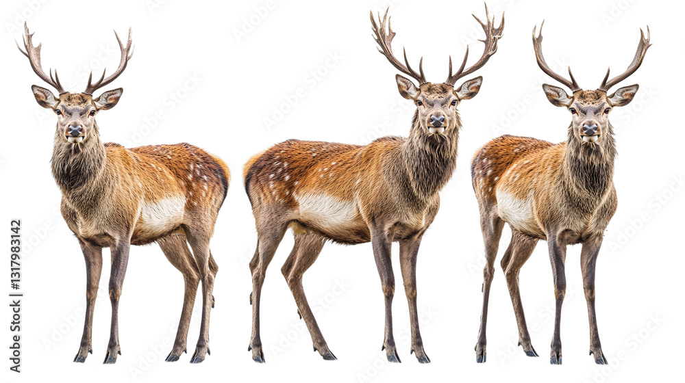 Obraz premium Group of three red deer standing in a full-body shot, isolated on transparent background.