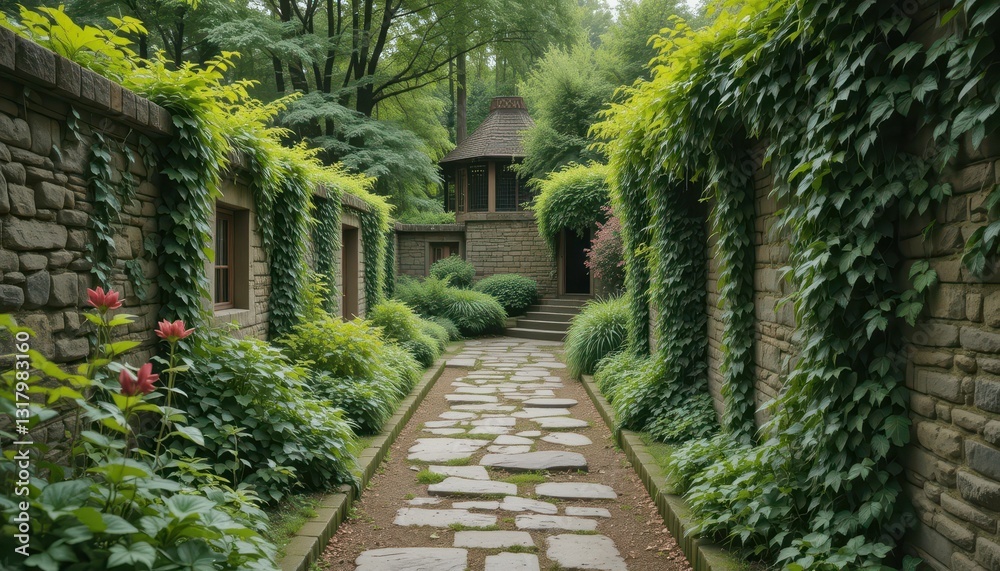Serene Garden Pathway Surrounded by Lush Greenery and Stone Walls Serene Garden Pathway Surrounded by Lush Greenery and Stone Walls