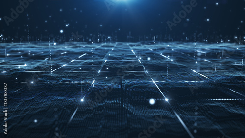 Abstract digital data landscape with glowing particles and dynamic lines on a dark background.