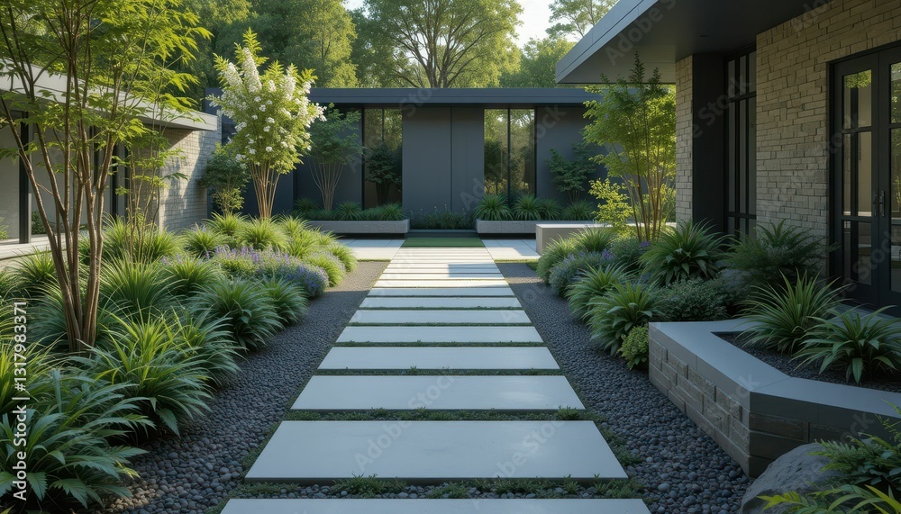Tranquil Modern Landscape Design with Pathway and Greenery Tranquil Modern Landscape Design with Pathway and Greenery