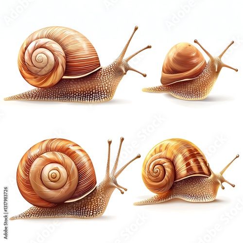 Snails with smooth, spiraled shells and soft textures, captured in various poses The snails are isolated on white background
