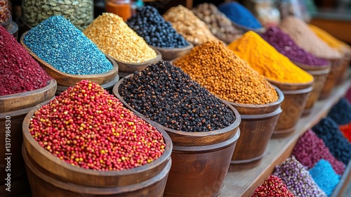 selection of spices and dried fruits displayed at a local bazaar