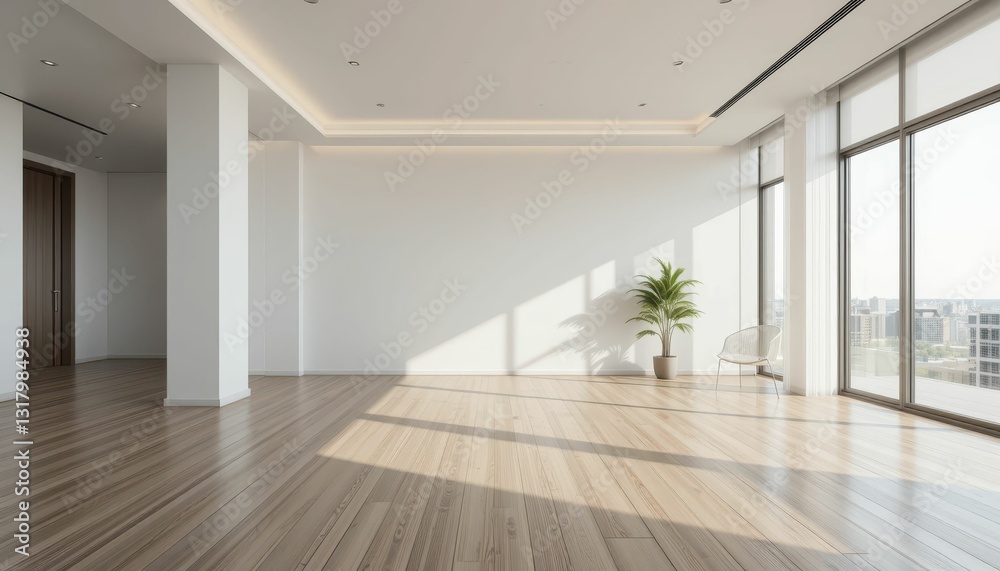 Fototapeta premium Spacious Modern Interior with Natural Light and Wooden Flooring