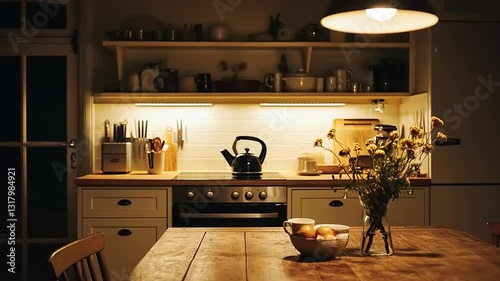 A cozy kitchen scene at night with warm lighting, a wooden table, and a vase of flowers.