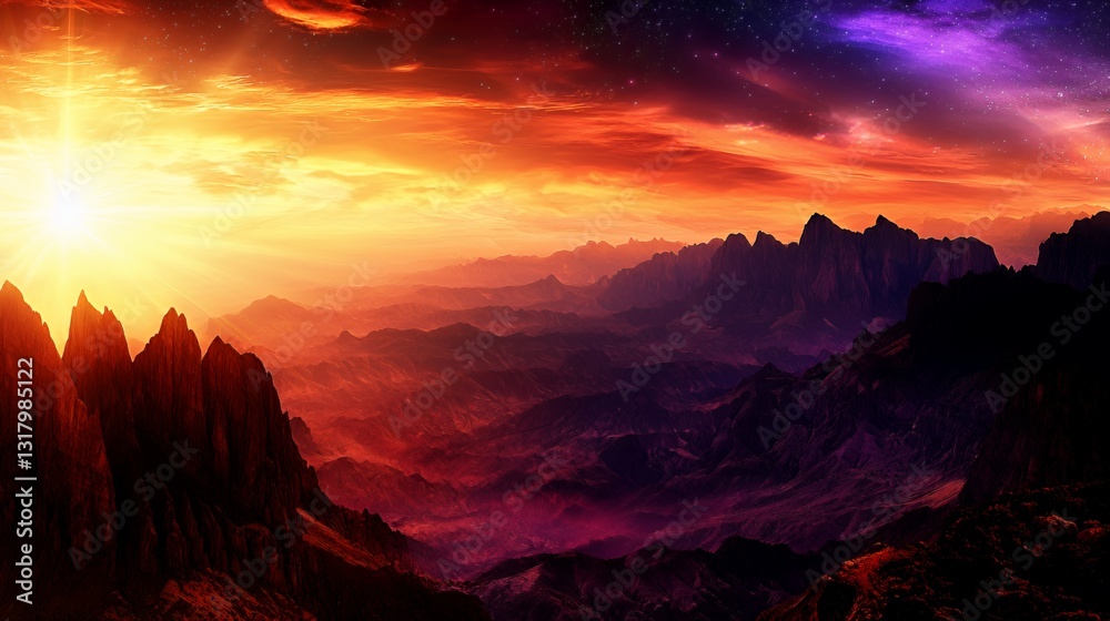 Naklejka premium Vibrant Sunset over Rugged Mountainscape with Starry Night Sky