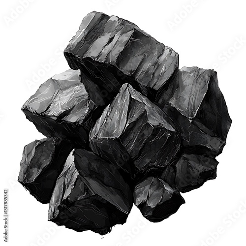 Solid pieces coal, with rich texture and natural ruggedness, isolated on white background