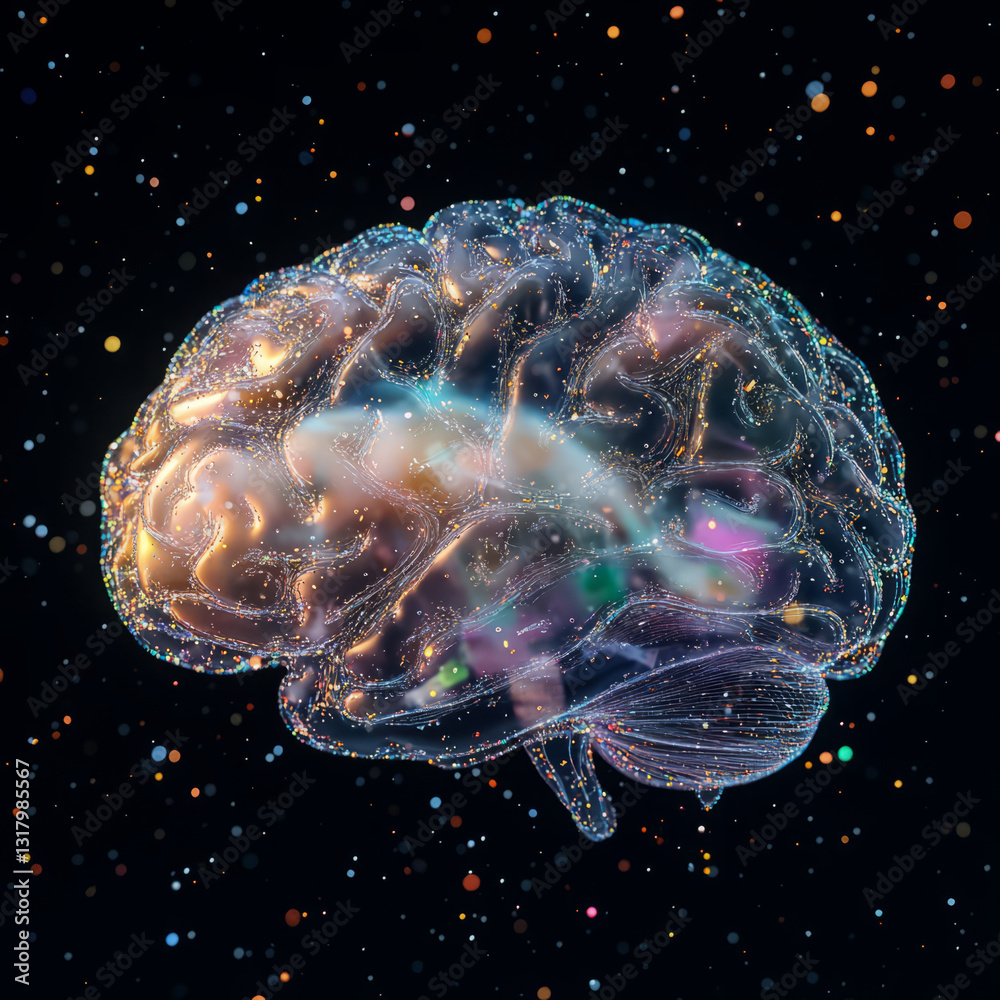 Translucent Brain with Multicolored Particles in Abstract Infinite Space