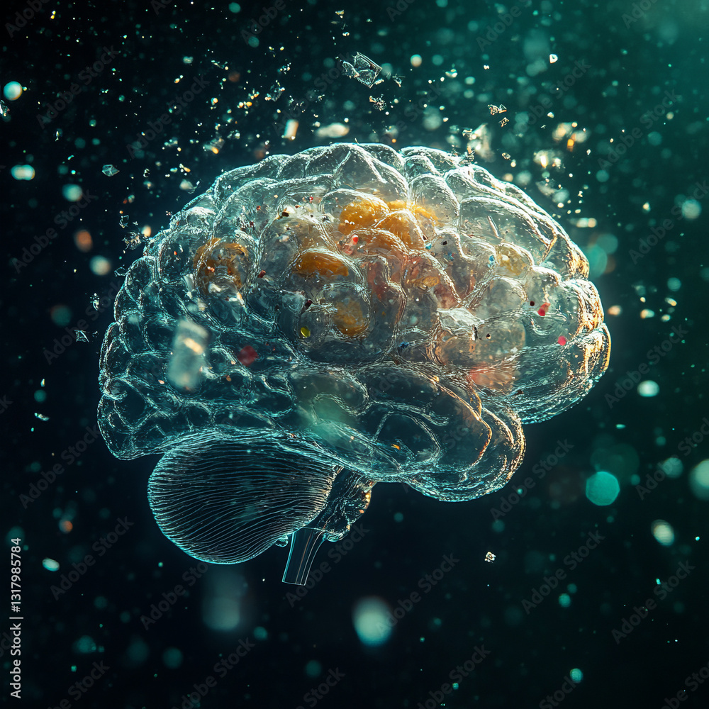 Floating Translucent Brain with Multicolored Particles in Dark Abstract Environment