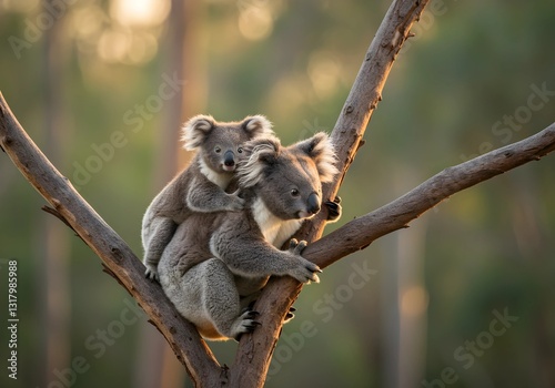 A close-up of a cute koala sitting on a tree branch, surrounded by a lush forest with a soft bokeh background and golden morning sunlight filtering through the leaves