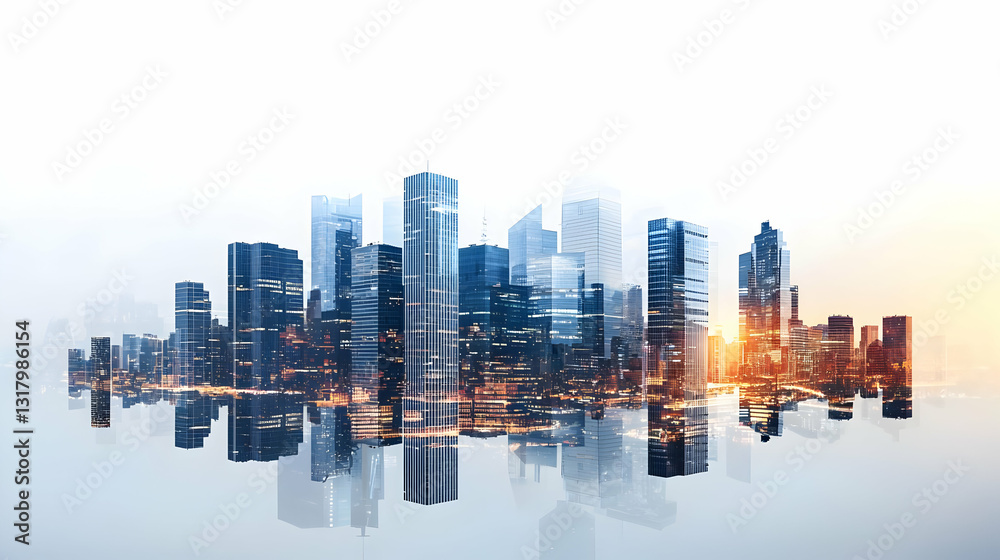 Fototapeta premium Modern City Skyline At Night With Illuminated Skyscrapers Reflecting In The Water With Double Exposure Effect In Blue And Orange