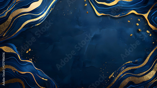 Abstract Dark Blue Background with Golden Glittering Wave Borders and Fluid Art Texture