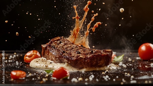 Juicy grilled steak with sauces and cherry tomatoes exploding in action photo