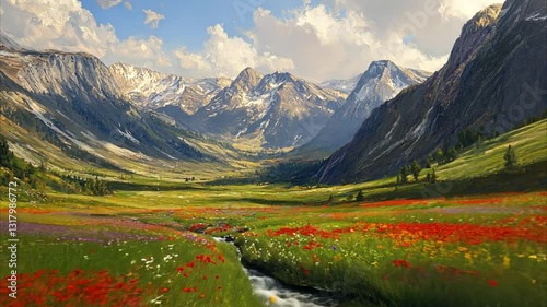 Majestic Alpine Meadow Landscape: A Serene Valley of Flowers and Mountains