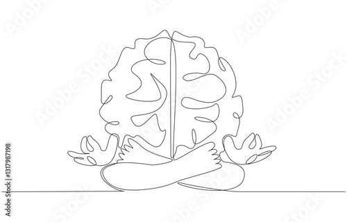 Continuous one line drawing of brain character meditating, mental health development concept, single line art