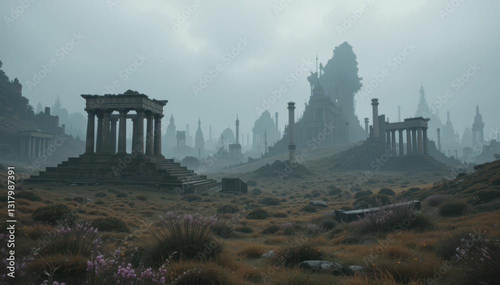 Fototapeta premium Mysterious Ancient Ruins in Foggy Landscape with Overgrown Vegetation