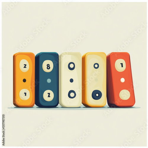 Colorful 3D number and dice blocks arranged in a row with a glossy finish on a white background for educational and playful design