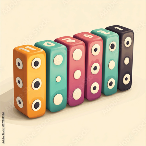 Colorful 3D number and dice blocks arranged in a row with a glossy finish on a white background for educational and playful design