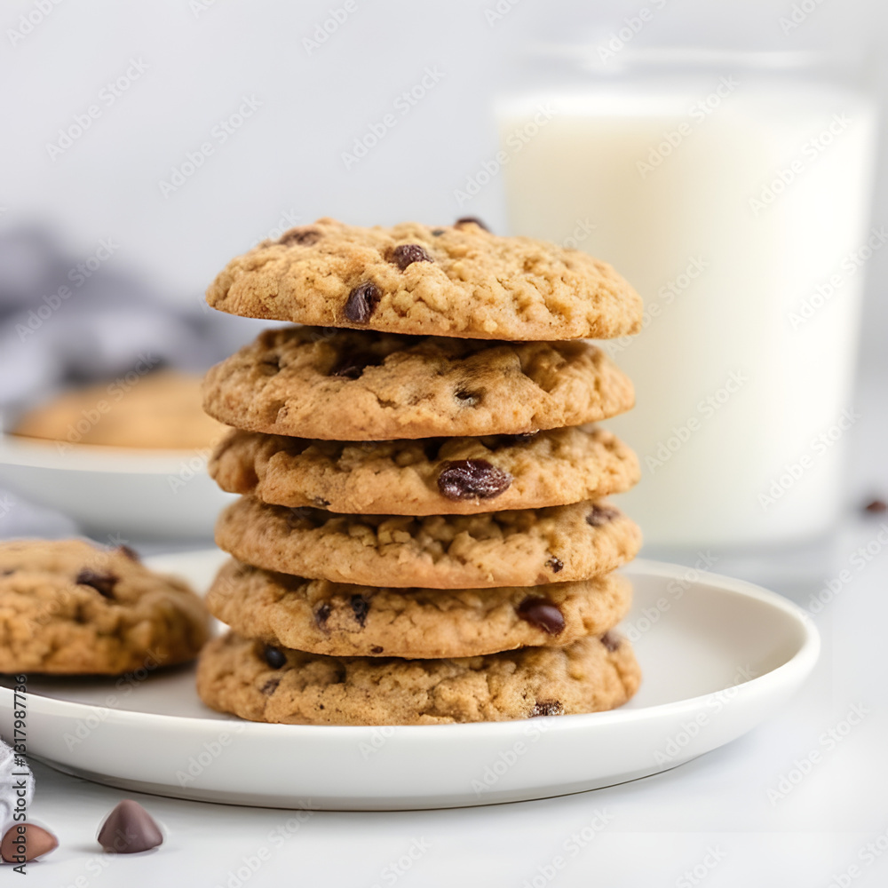 Delicious Stack of Oatmeal Chocolate Chip Cookies with a Glass of Milk on White Plate. Perfect Dessert. Delicious Stack of Oatmeal Chocolate Chip Cookies with a Glass of Milk on White Plate. Perfect Dessert.