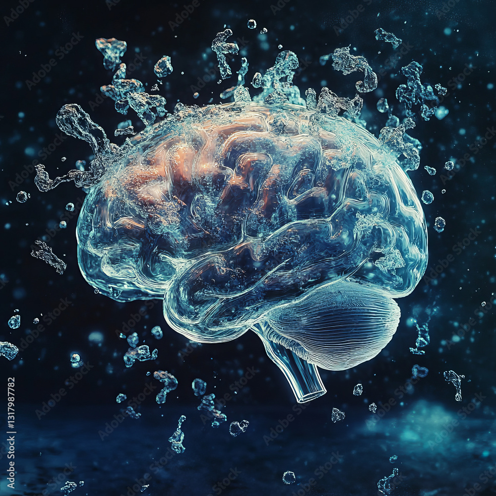 Translucent Water Brain with Droplets and Splashes Against a Dark Abstract Background