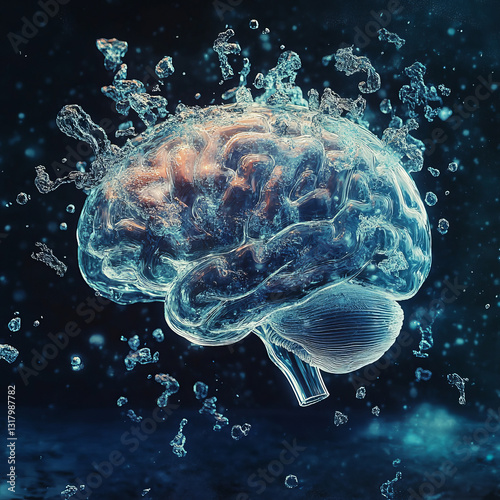 Obraz na płótnie Translucent Water Brain with Droplets and Splashes Against a Dark Abstract Background w salonie