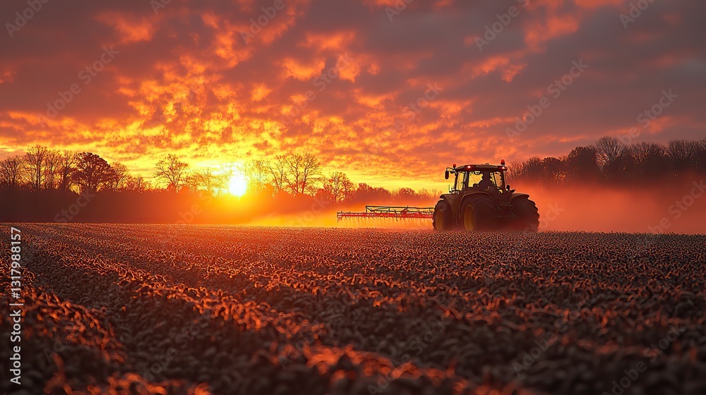 Fototapeta premium tractor spraying a soybean field as the sun sets